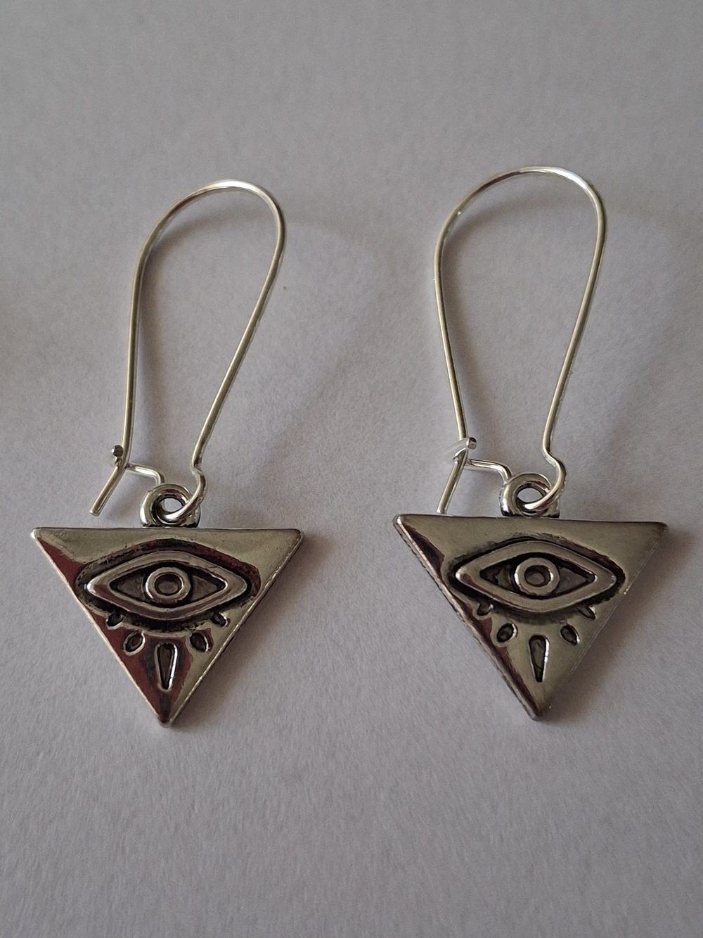 Sterling Evil Eye Triangle Dangle Earrings - Silver